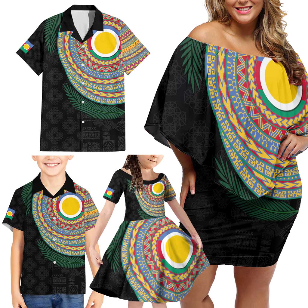 Shefa Tribal Tattoo with Namele Leaves Family Matching Off Shoulder Short Dress and Hawaiian Shirt