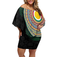 Shefa Tribal Tattoo with Namele Leaves Family Matching Off Shoulder Short Dress and Hawaiian Shirt LT03 Mom's Dress Black - Polynesian Pride