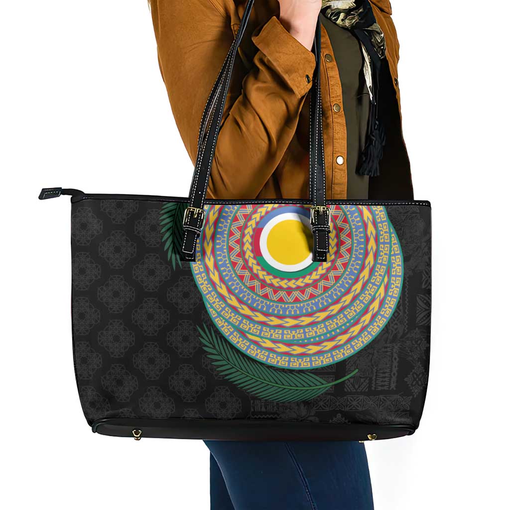 Shefa Tribal Tattoo with Namele Leaves Leather Tote Bag