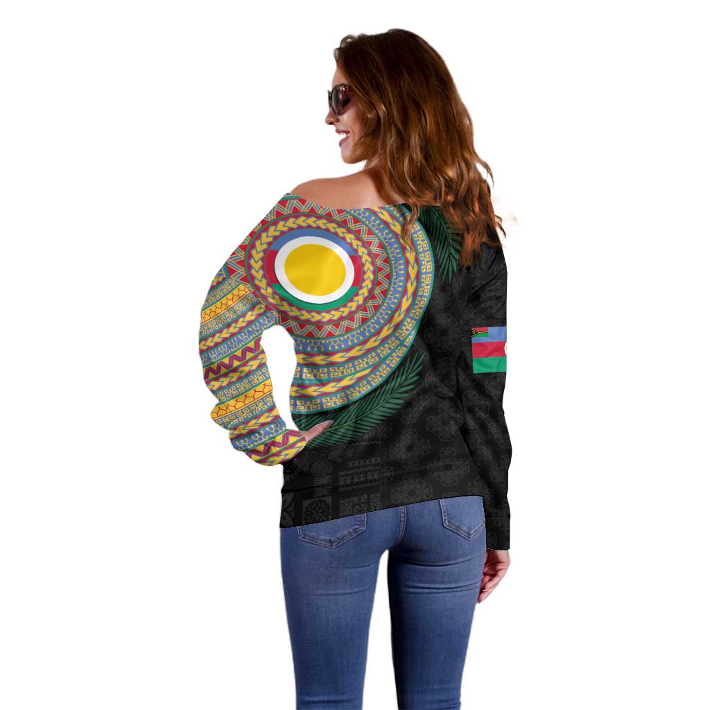 Shefa Tribal Tattoo with Namele Leaves Off Shoulder Sweater