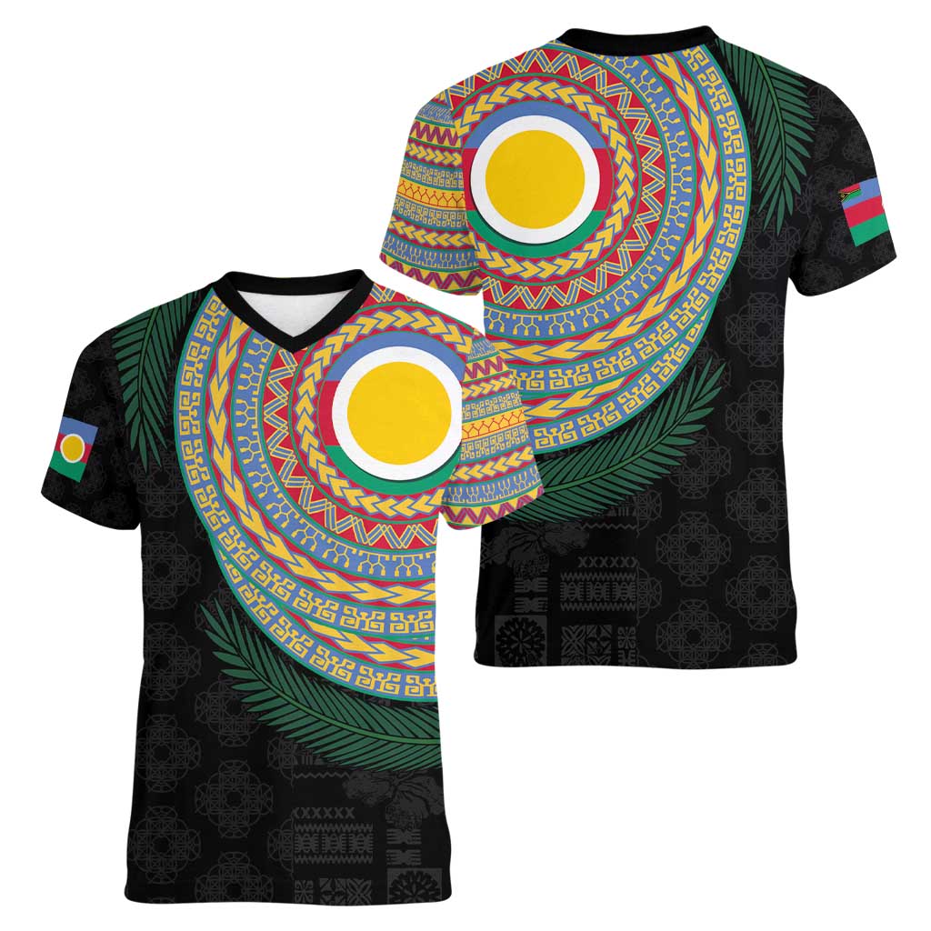 Shefa Tribal Tattoo with Namele Leaves Women V-Neck T-Shirt