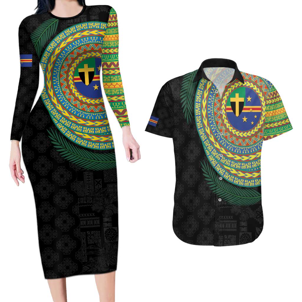 Tafea Tribal Tattoo with Namele Leaves Couples Matching Long Sleeve Bodycon Dress and Hawaiian Shirt LT03 Black - Polynesian Pride
