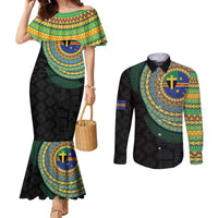 Tafea Tribal Tattoo with Namele Leaves Couples Matching Mermaid Dress and Long Sleeve Button Shirt LT03 Black - Polynesian Pride