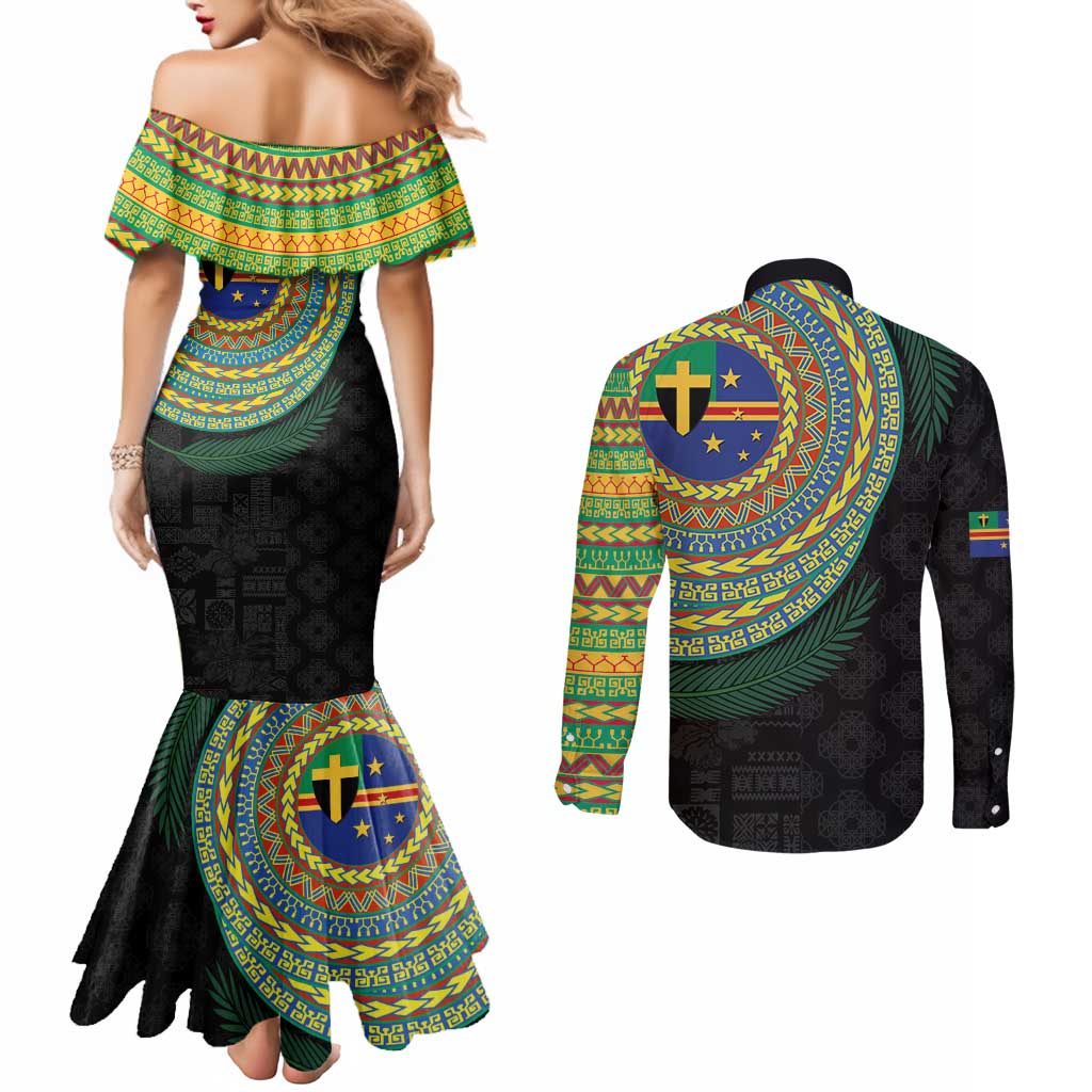 Tafea Tribal Tattoo with Namele Leaves Couples Matching Mermaid Dress and Long Sleeve Button Shirt LT03 - Polynesian Pride