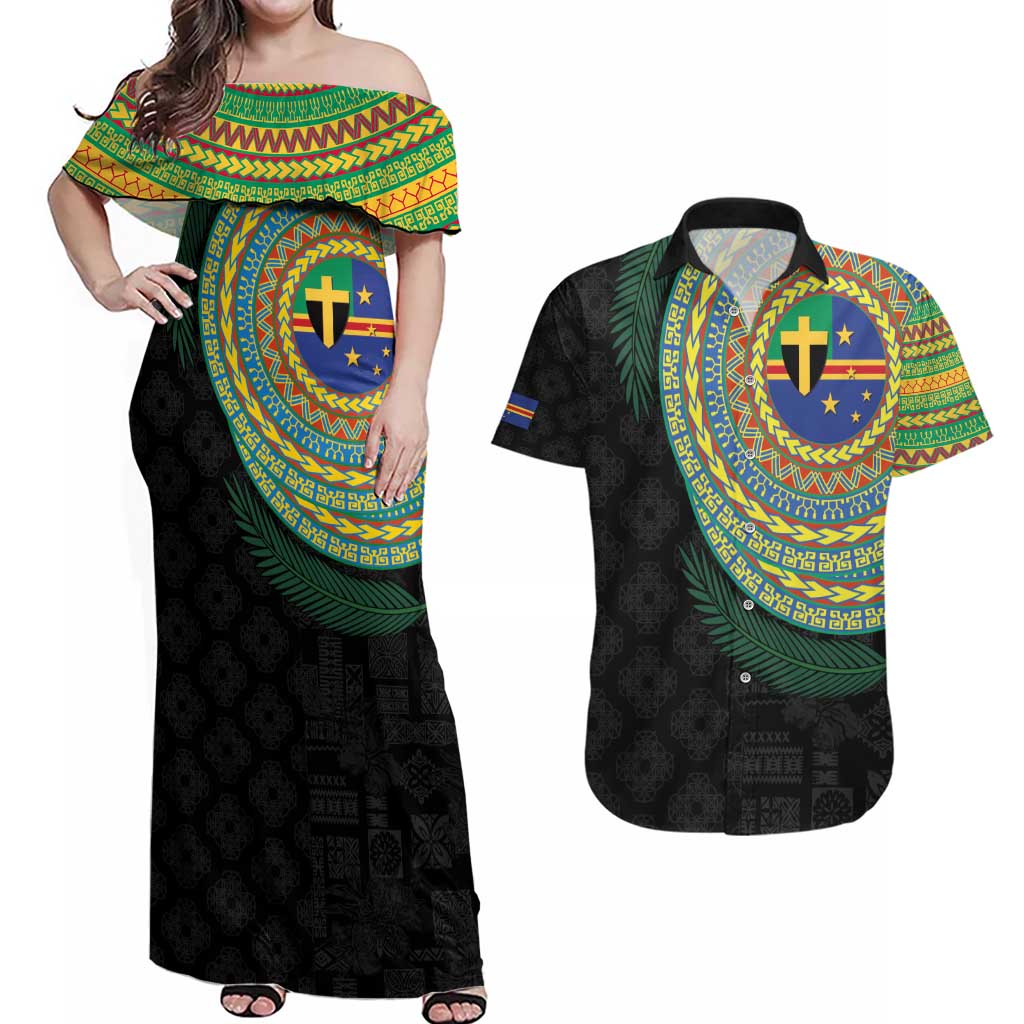 Tafea Tribal Tattoo with Namele Leaves Couples Matching Off Shoulder Maxi Dress and Hawaiian Shirt