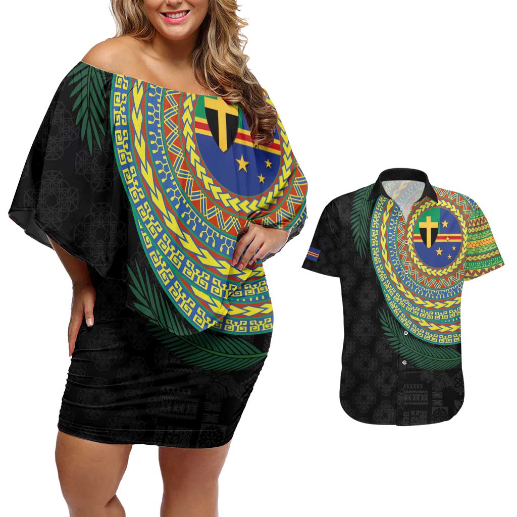 Tafea Tribal Tattoo with Namele Leaves Couples Matching Off Shoulder Short Dress and Hawaiian Shirt