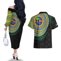 Tafea Tribal Tattoo with Namele Leaves Couples Matching Off The Shoulder Long Sleeve Dress and Hawaiian Shirt