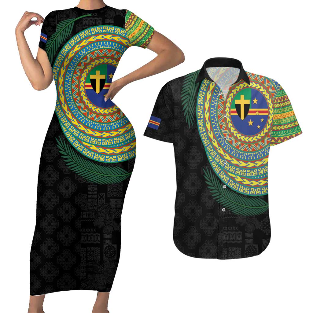 Tafea Tribal Tattoo with Namele Leaves Couples Matching Short Sleeve Bodycon Dress and Hawaiian Shirt LT03 Black - Polynesian Pride
