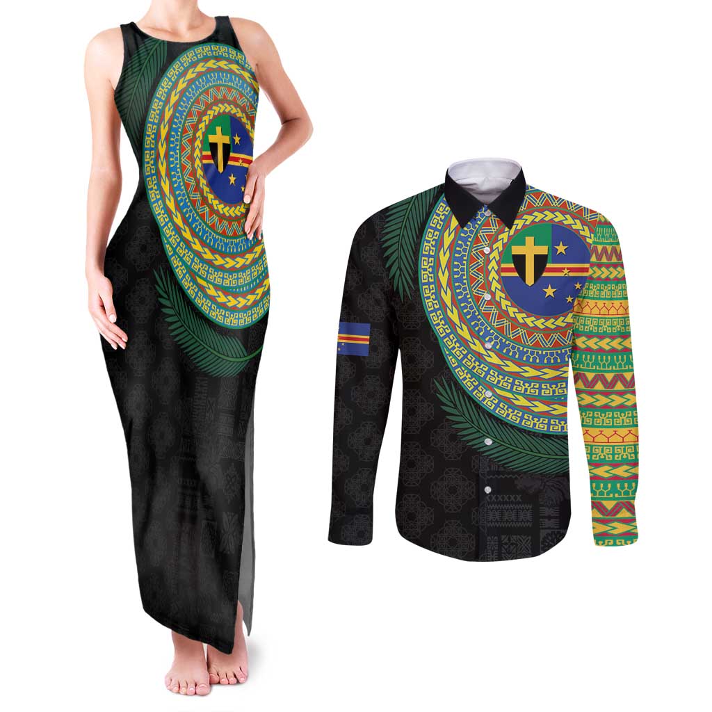 Tafea Tribal Tattoo with Namele Leaves Couples Matching Tank Maxi Dress and Long Sleeve Button Shirt LT03 Black - Polynesian Pride