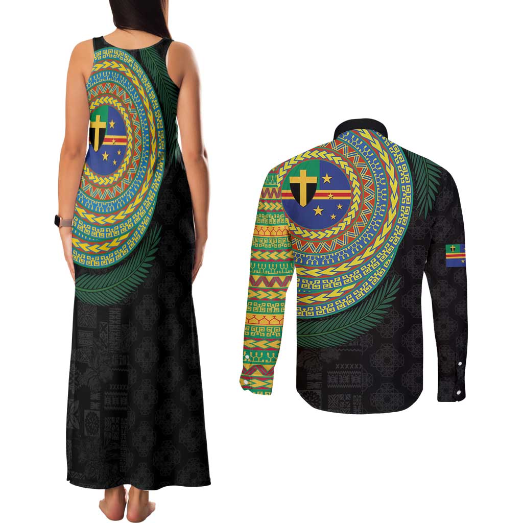 Tafea Tribal Tattoo with Namele Leaves Couples Matching Tank Maxi Dress and Long Sleeve Button Shirt LT03 - Polynesian Pride