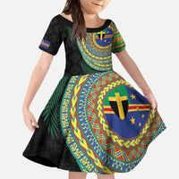 Tafea Tribal Tattoo with Namele Leaves Family Matching Long Sleeve Bodycon Dress and Hawaiian Shirt LT03 Daughter's Dress Black - Polynesian Pride