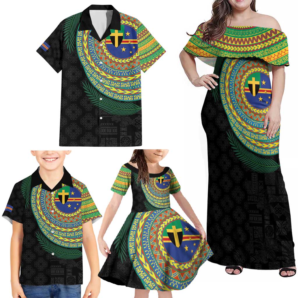 Tafea Tribal Tattoo with Namele Leaves Family Matching Off Shoulder Maxi Dress and Hawaiian Shirt LT03 - Polynesian Pride