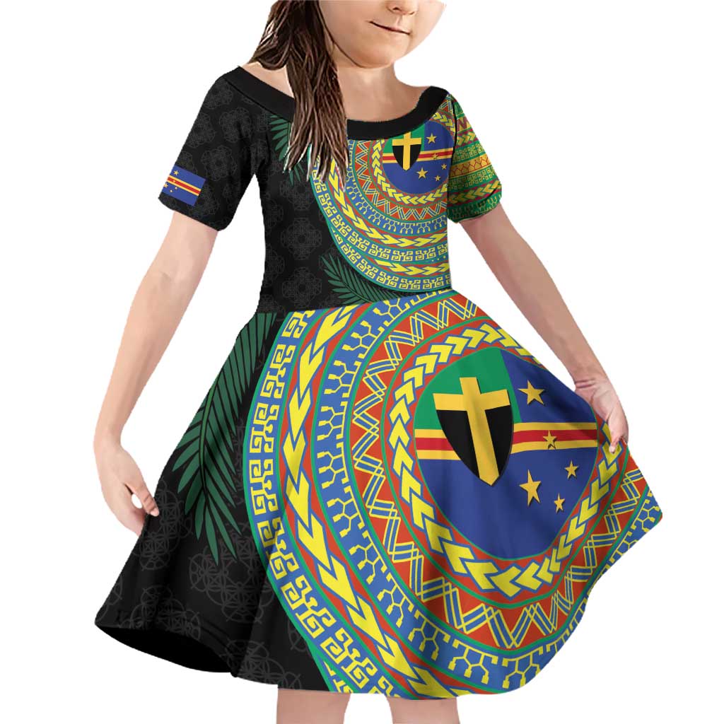 Tafea Tribal Tattoo with Namele Leaves Family Matching Off Shoulder Short Dress and Hawaiian Shirt LT03 Daughter's Dress Black - Polynesian Pride