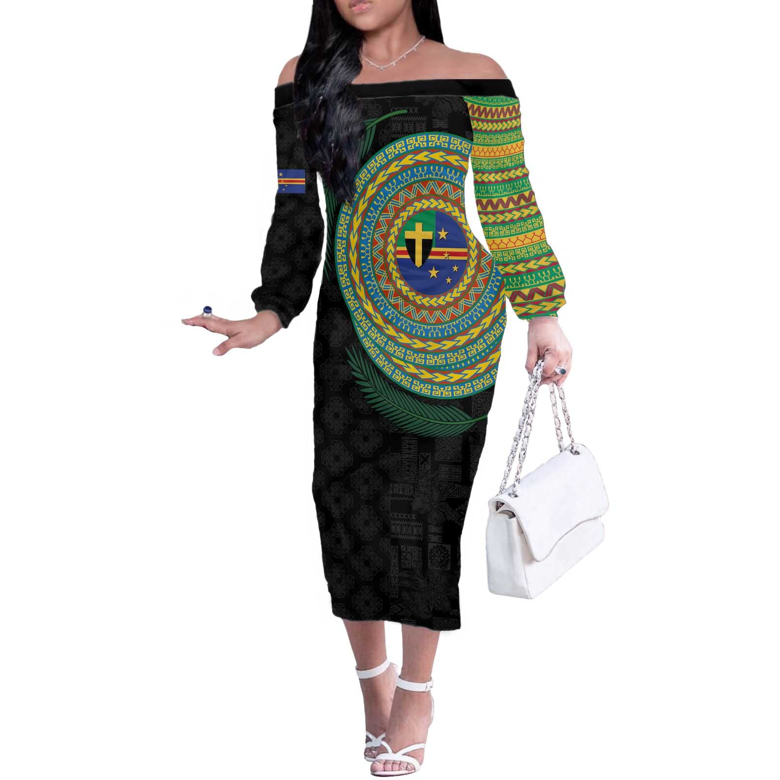 Tafea Tribal Tattoo with Namele Leaves Off The Shoulder Long Sleeve Dress