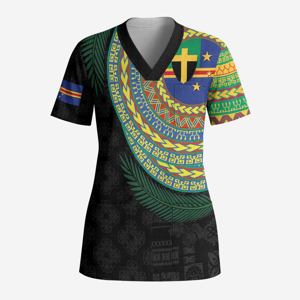 Tafea Tribal Tattoo with Namele Leaves Scrub Top - Polynesian Pride