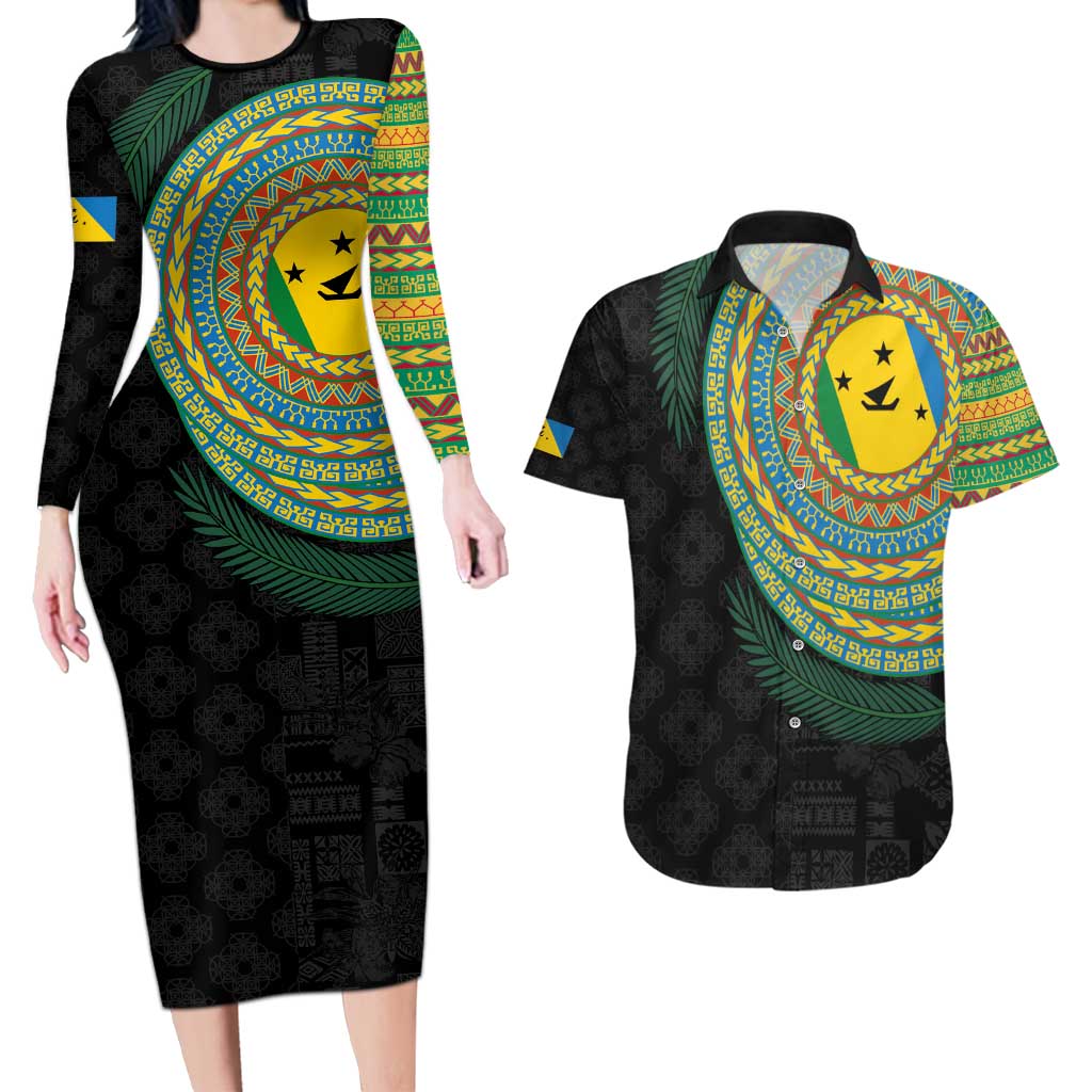 Malampa Tribal Tattoo with Namele Leaves Couples Matching Long Sleeve Bodycon Dress and Hawaiian Shirt LT03 Black - Polynesian Pride