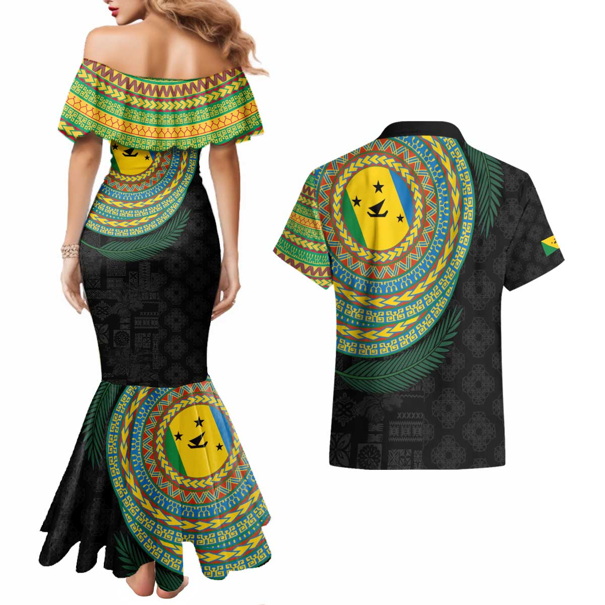 Malampa Tribal Tattoo with Namele Leaves Couples Matching Mermaid Dress and Hawaiian Shirt LT03 - Polynesian Pride