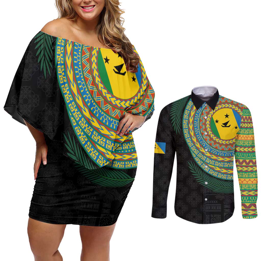 Malampa Tribal Tattoo with Namele Leaves Couples Matching Off Shoulder Short Dress and Long Sleeve Button Shirt LT03 Black - Polynesian Pride