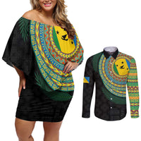 Malampa Tribal Tattoo with Namele Leaves Couples Matching Off Shoulder Short Dress and Long Sleeve Button Shirt LT03 Black - Polynesian Pride