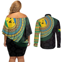 Malampa Tribal Tattoo with Namele Leaves Couples Matching Off Shoulder Short Dress and Long Sleeve Button Shirt LT03 - Polynesian Pride