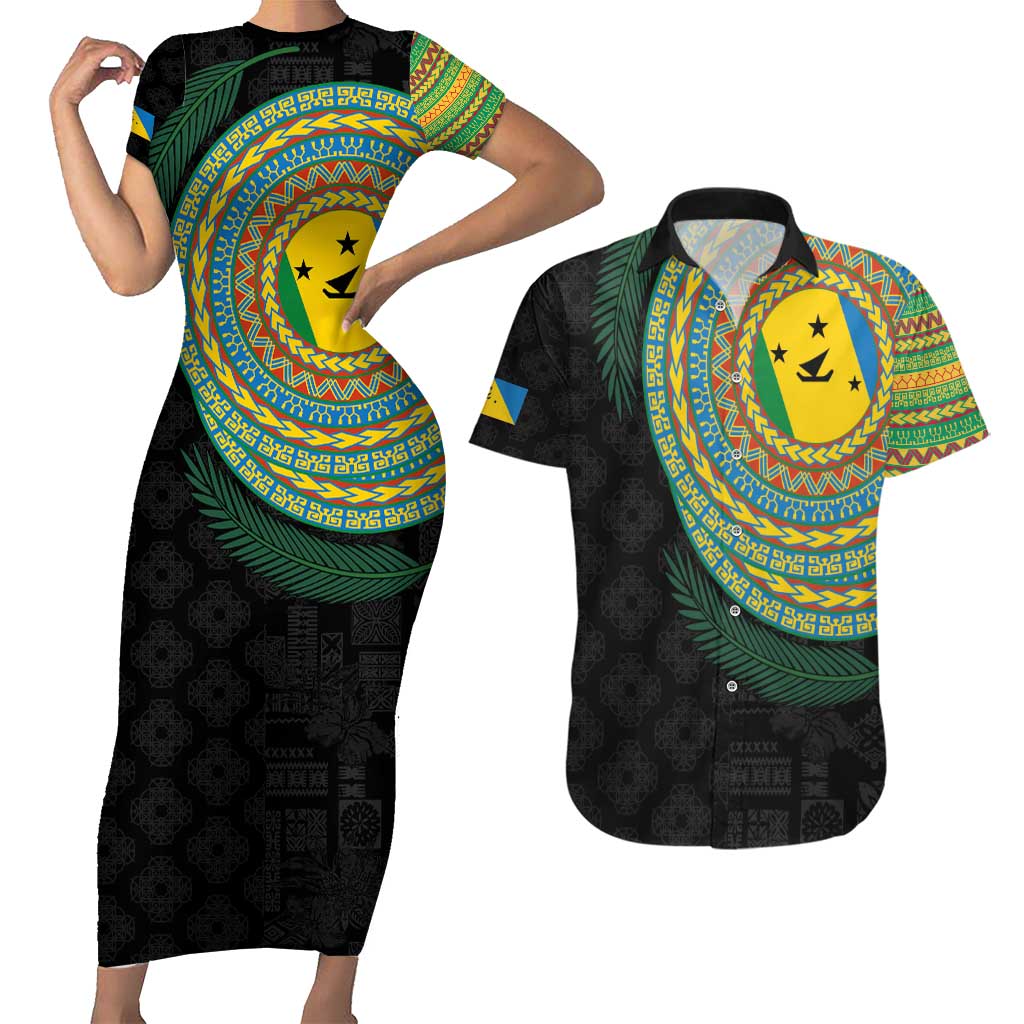 Malampa Tribal Tattoo with Namele Leaves Couples Matching Short Sleeve Bodycon Dress and Hawaiian Shirt LT03 Black - Polynesian Pride