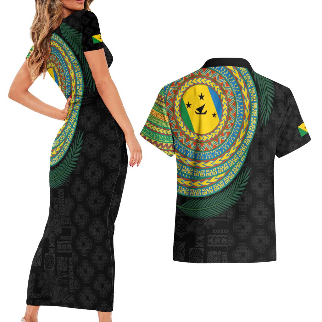 Malampa Tribal Tattoo with Namele Leaves Couples Matching Short Sleeve Bodycon Dress and Hawaiian Shirt LT03 - Polynesian Pride