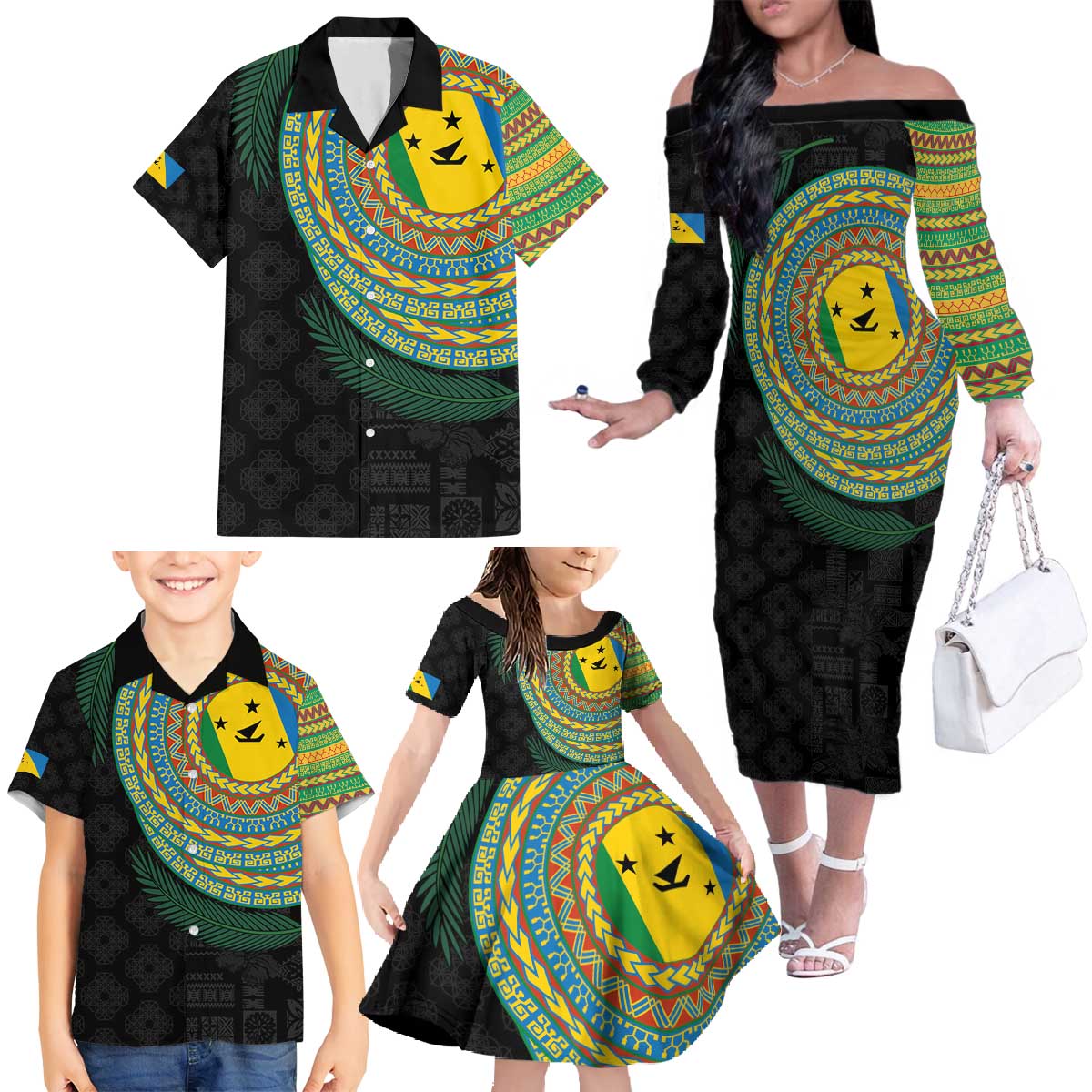 Malampa Tribal Tattoo with Namele Leaves Family Matching Off The Shoulder Long Sleeve Dress and Hawaiian Shirt