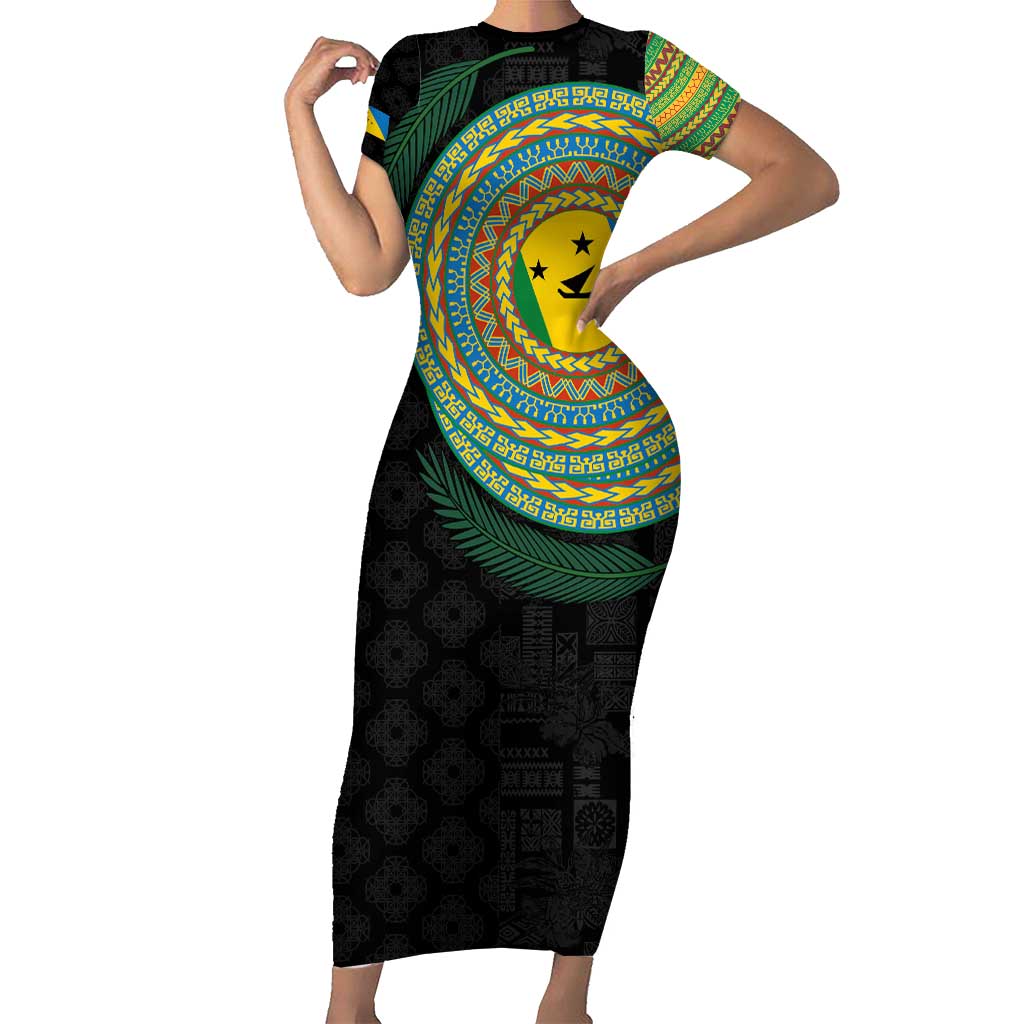 Malampa Tribal Tattoo with Namele Leaves Family Matching Short Sleeve Bodycon Dress and Hawaiian Shirt LT03 Mom's Dress Black - Polynesian Pride