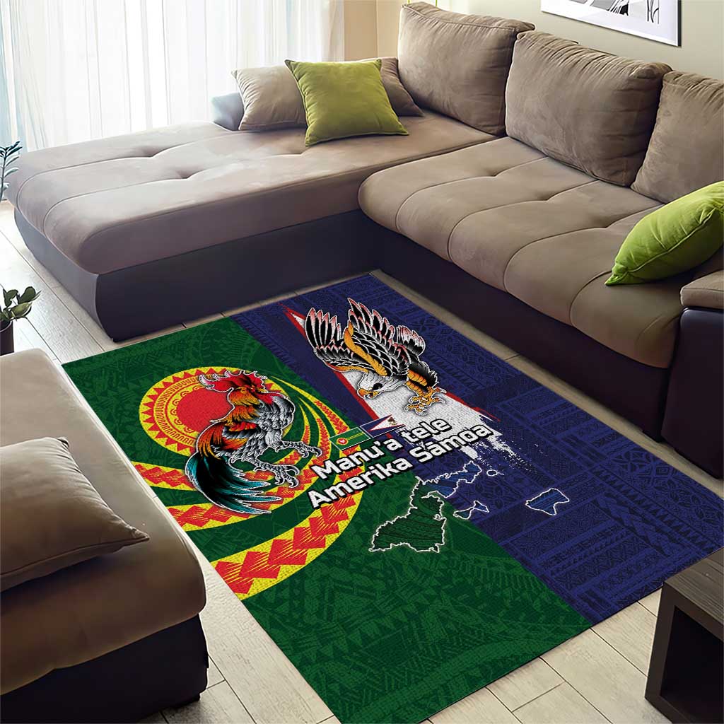 Manuʻa Islands and American Samoa Together Area Rug Rooster and Eagle Mascot National Map and Flag Style