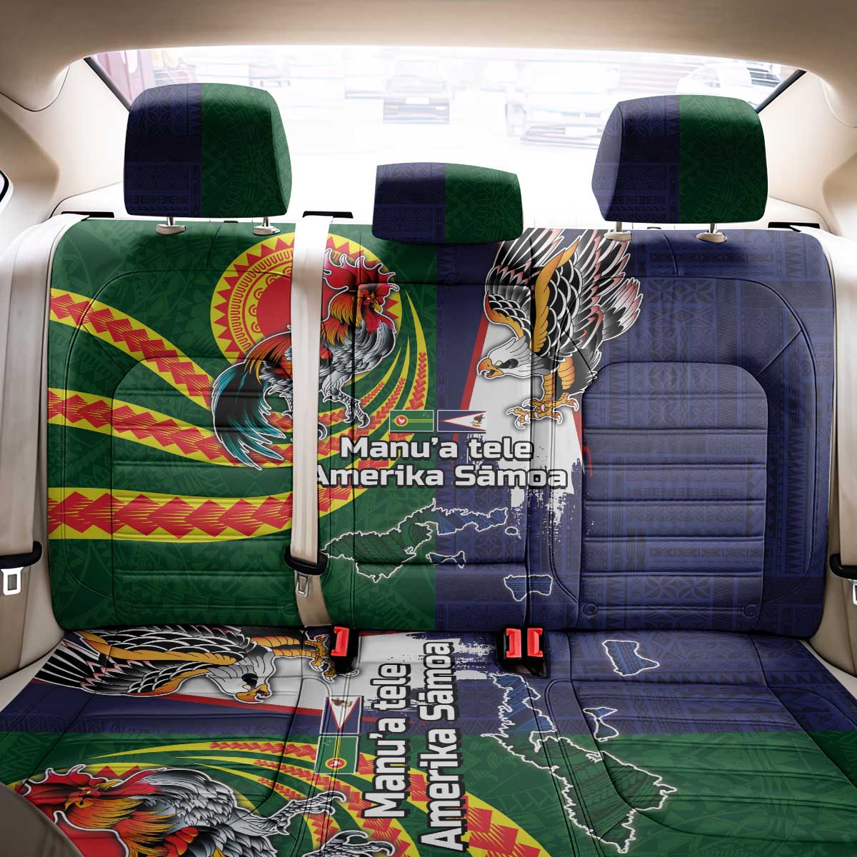 Manuʻa Islands and American Samoa Together Back Car Seat Cover Rooster and Eagle Mascot National Map and Flag Style