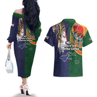 Manuʻa Islands and American Samoa Together Couples Matching Off The Shoulder Long Sleeve Dress and Hawaiian Shirt Rooster and Eagle Mascot National Map and Flag Style