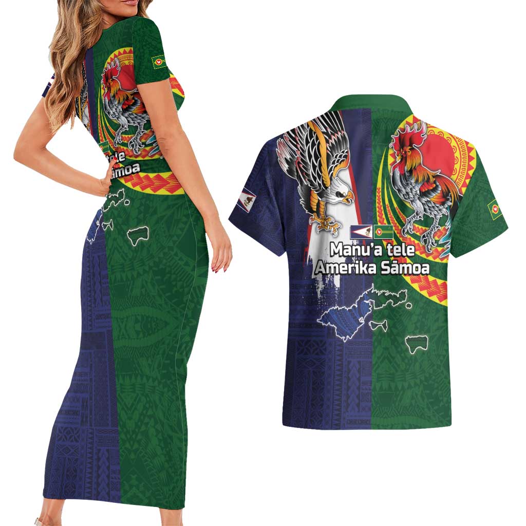 Manuʻa Islands and American Samoa Together Couples Matching Short Sleeve Bodycon Dress and Hawaiian Shirt Rooster and Eagle Mascot National Map and Flag Style