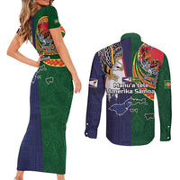 Manuʻa Islands and American Samoa Together Couples Matching Short Sleeve Bodycon Dress and Long Sleeve Button Shirt Rooster and Eagle Mascot National Map and Flag Style