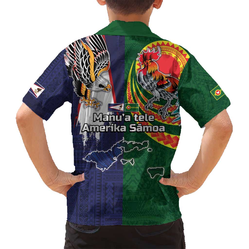 Manuʻa Islands and American Samoa Together Family Matching Long Sleeve Bodycon Dress and Hawaiian Shirt Rooster and Eagle Mascot National Map and Flag Style