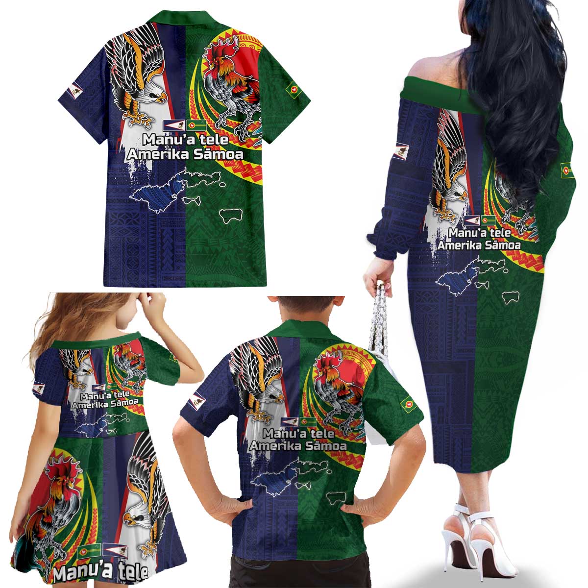 Manuʻa Islands and American Samoa Together Family Matching Off The Shoulder Long Sleeve Dress and Hawaiian Shirt Rooster and Eagle Mascot National Map and Flag Style