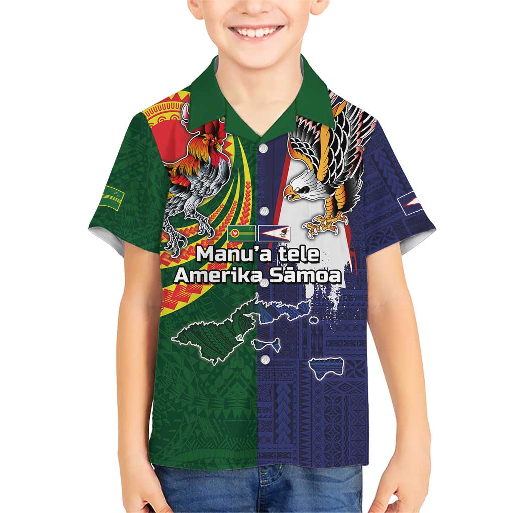 Manuʻa Islands and American Samoa Together Family Matching Short Sleeve Bodycon Dress and Hawaiian Shirt Rooster and Eagle Mascot National Map and Flag Style