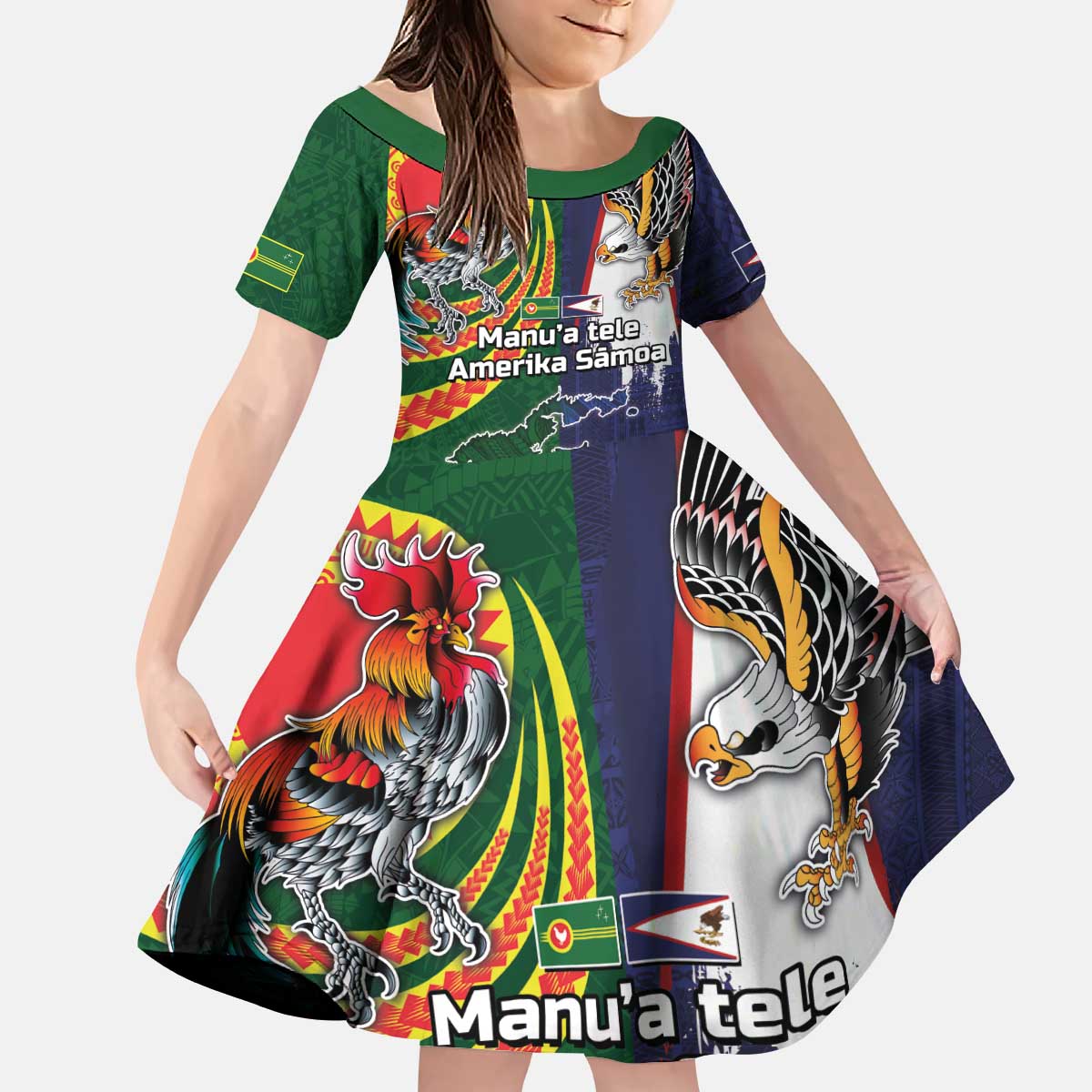 Manuʻa Islands and American Samoa Together Kid Short Sleeve Dress Rooster and Eagle Mascot National Map and Flag Style