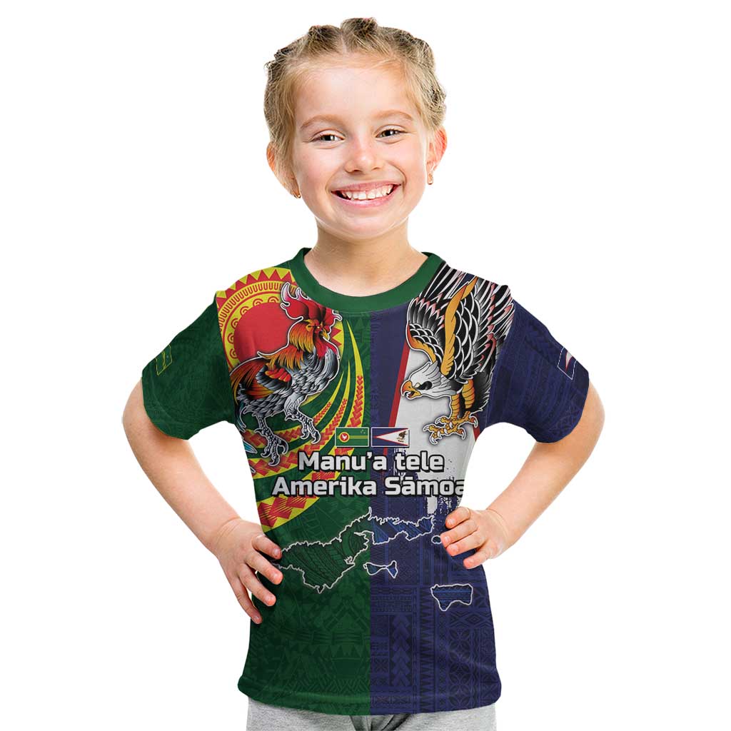Manuʻa Islands and American Samoa Together Kid T Shirt Rooster and Eagle Mascot National Map and Flag Style