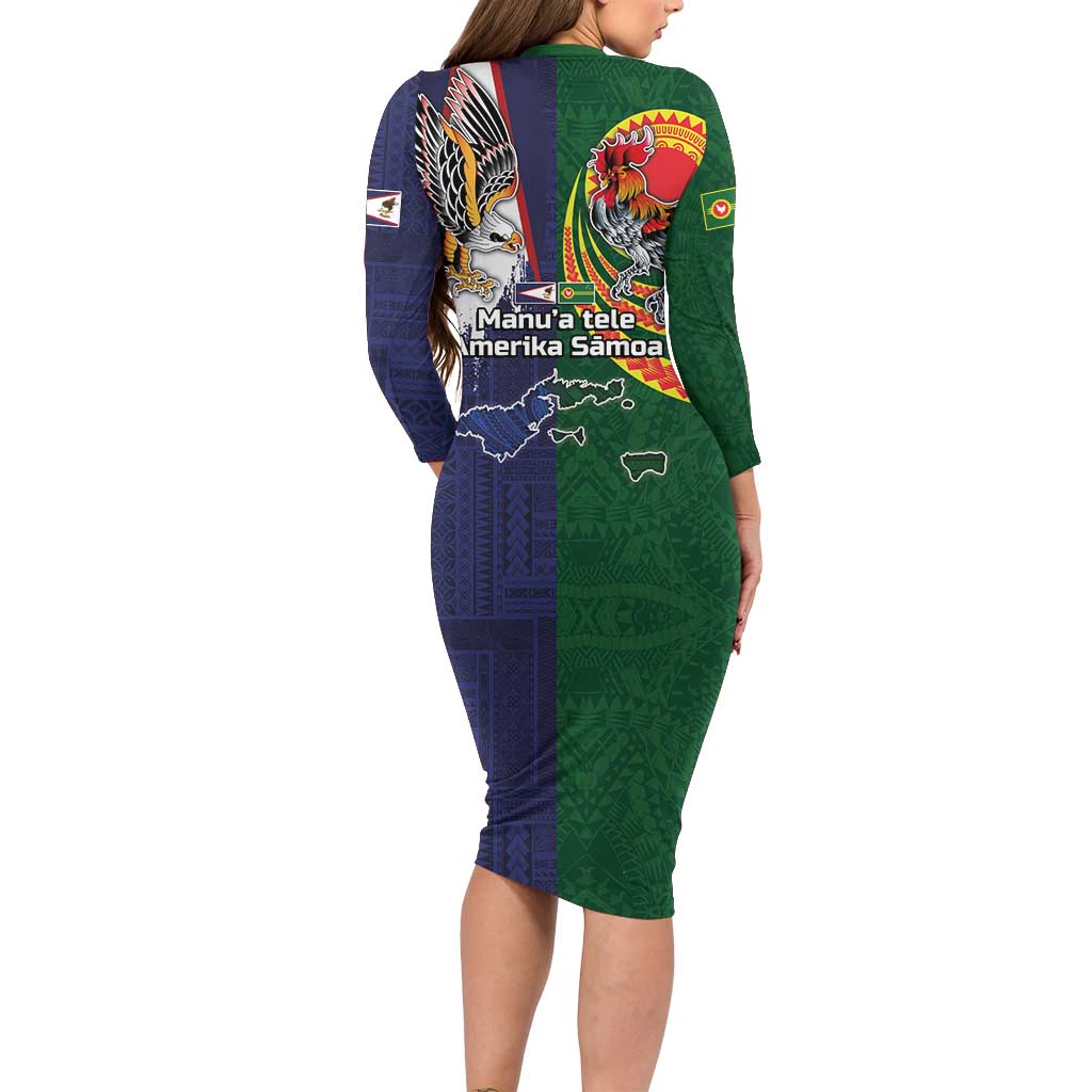 Manuʻa Islands and American Samoa Together Long Sleeve Bodycon Dress Rooster and Eagle Mascot National Map and Flag Style