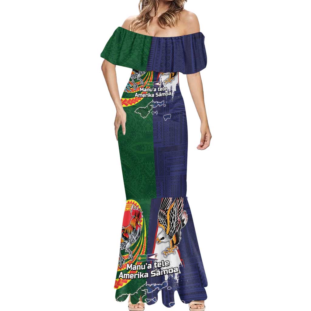 Manuʻa Islands and American Samoa Together Mermaid Dress Rooster and Eagle Mascot National Map and Flag Style