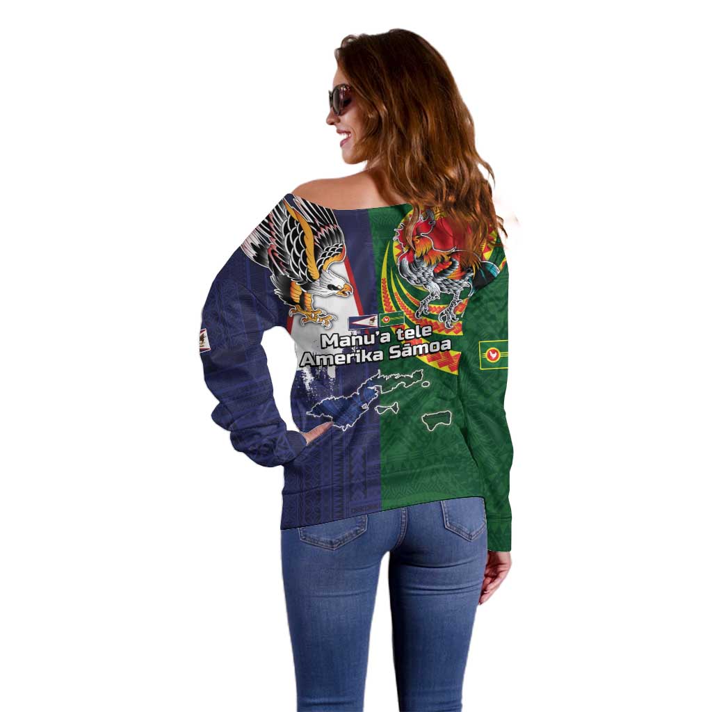 Manuʻa Islands and American Samoa Together Off Shoulder Sweater Rooster and Eagle Mascot National Map and Flag Style