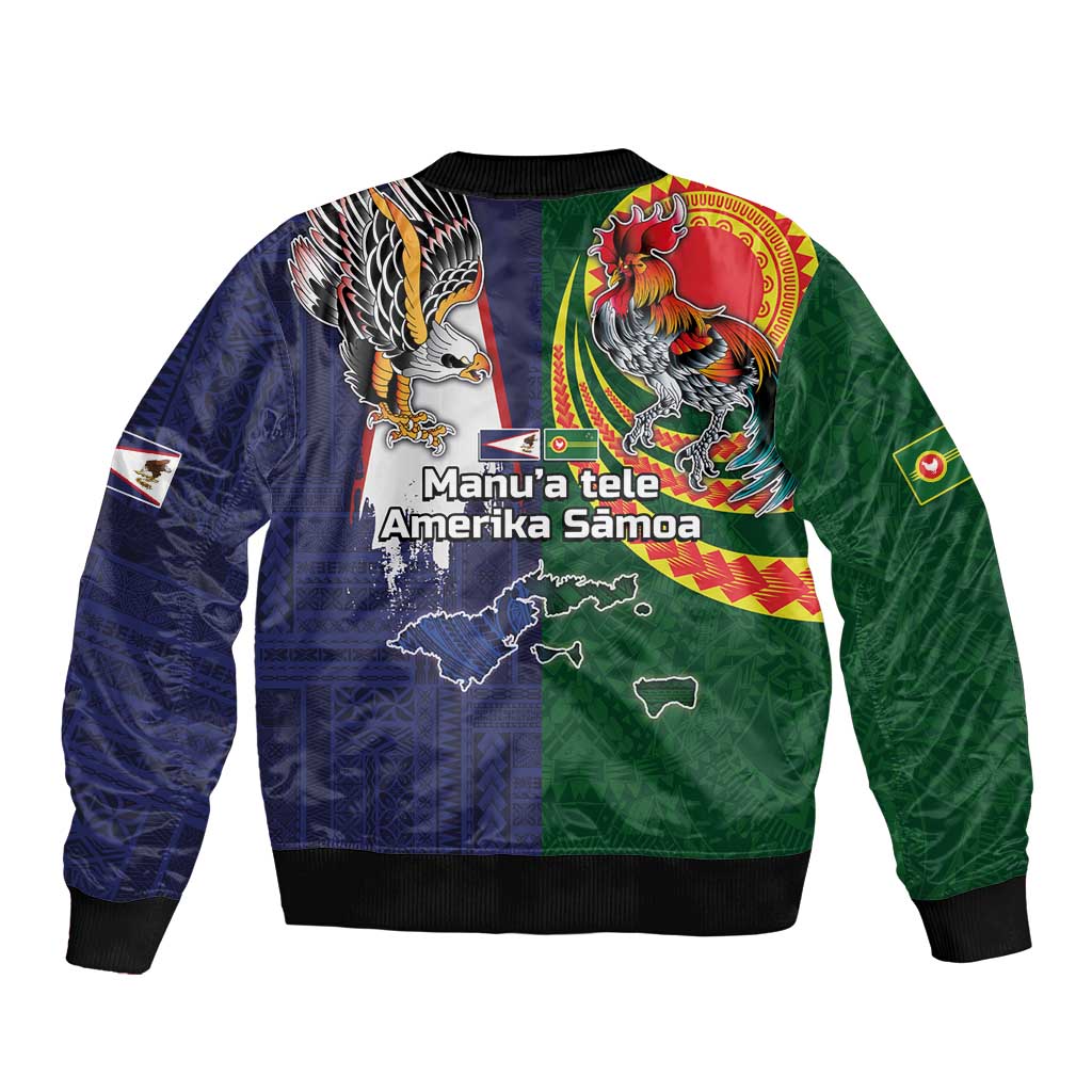 Manuʻa Islands and American Samoa Together Sleeve Zip Bomber Jacket Rooster and Eagle Mascot National Map and Flag Style