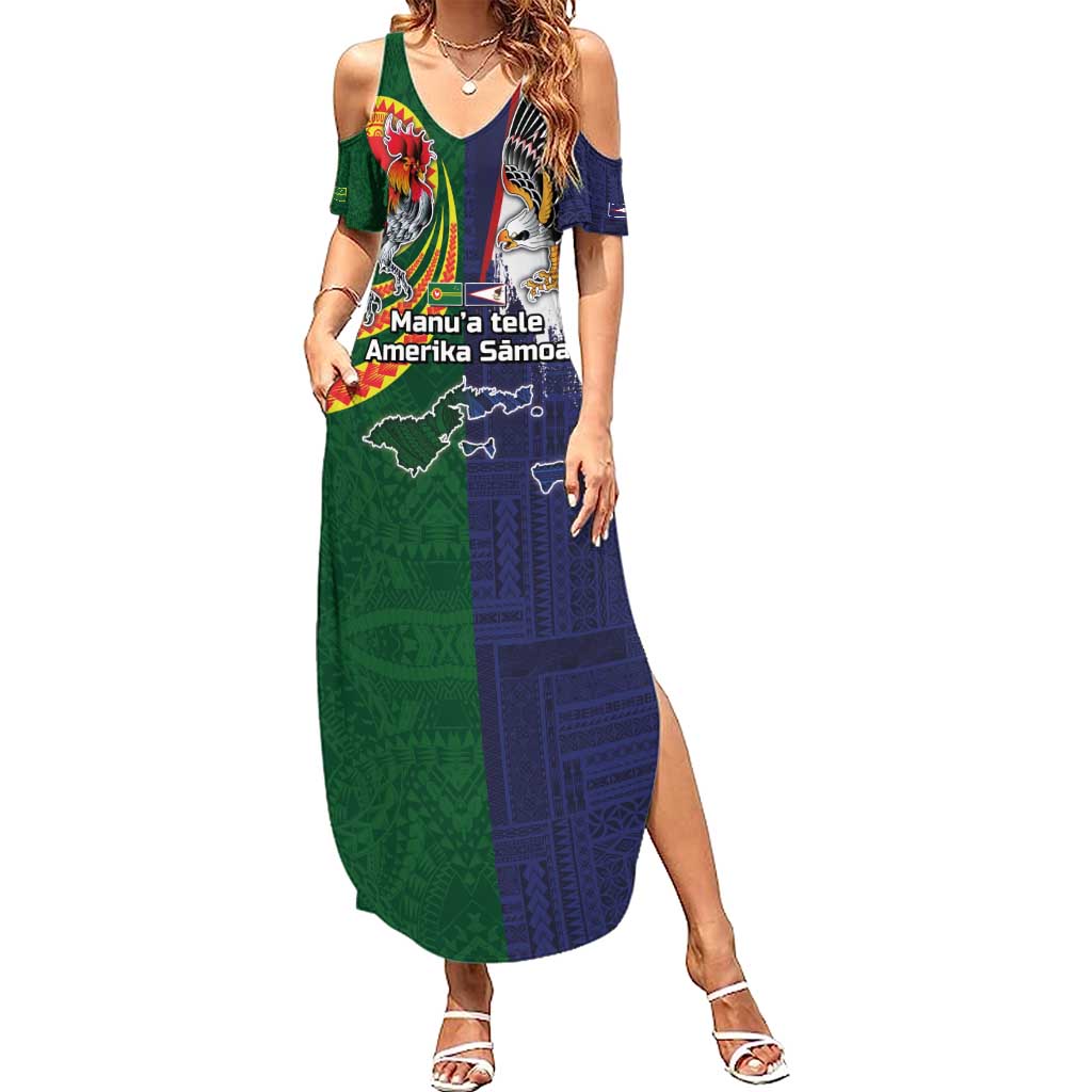 Manuʻa Islands and American Samoa Together Summer Maxi Dress Rooster and Eagle Mascot National Map and Flag Style