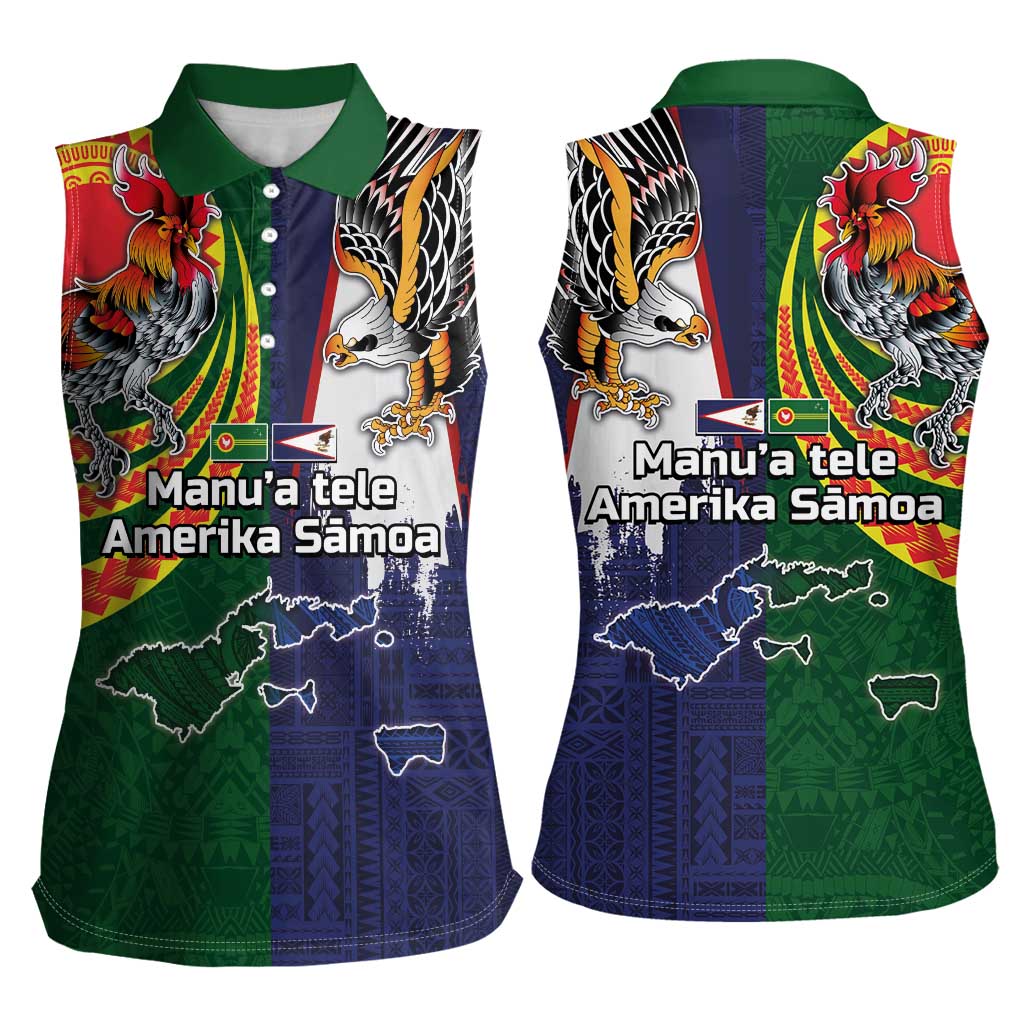 Manuʻa Islands and American Samoa Together Women Sleeveless Polo Shirt Rooster and Eagle Mascot National Map and Flag Style LT03 - Polynesian Pride