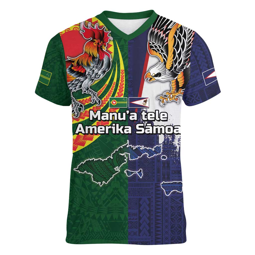 Manuʻa Islands and American Samoa Together Women V-Neck T-Shirt Rooster and Eagle Mascot National Map and Flag Style