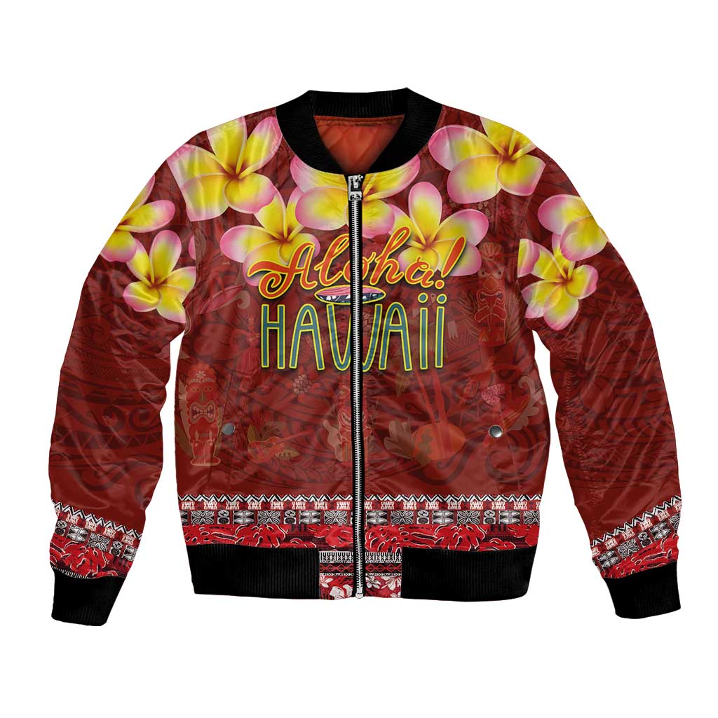 Aloha Plumeria Flowers Bomber Jacket With Hawaiian Style Tapa Tribal LT03 Unisex Red - Polynesian Pride