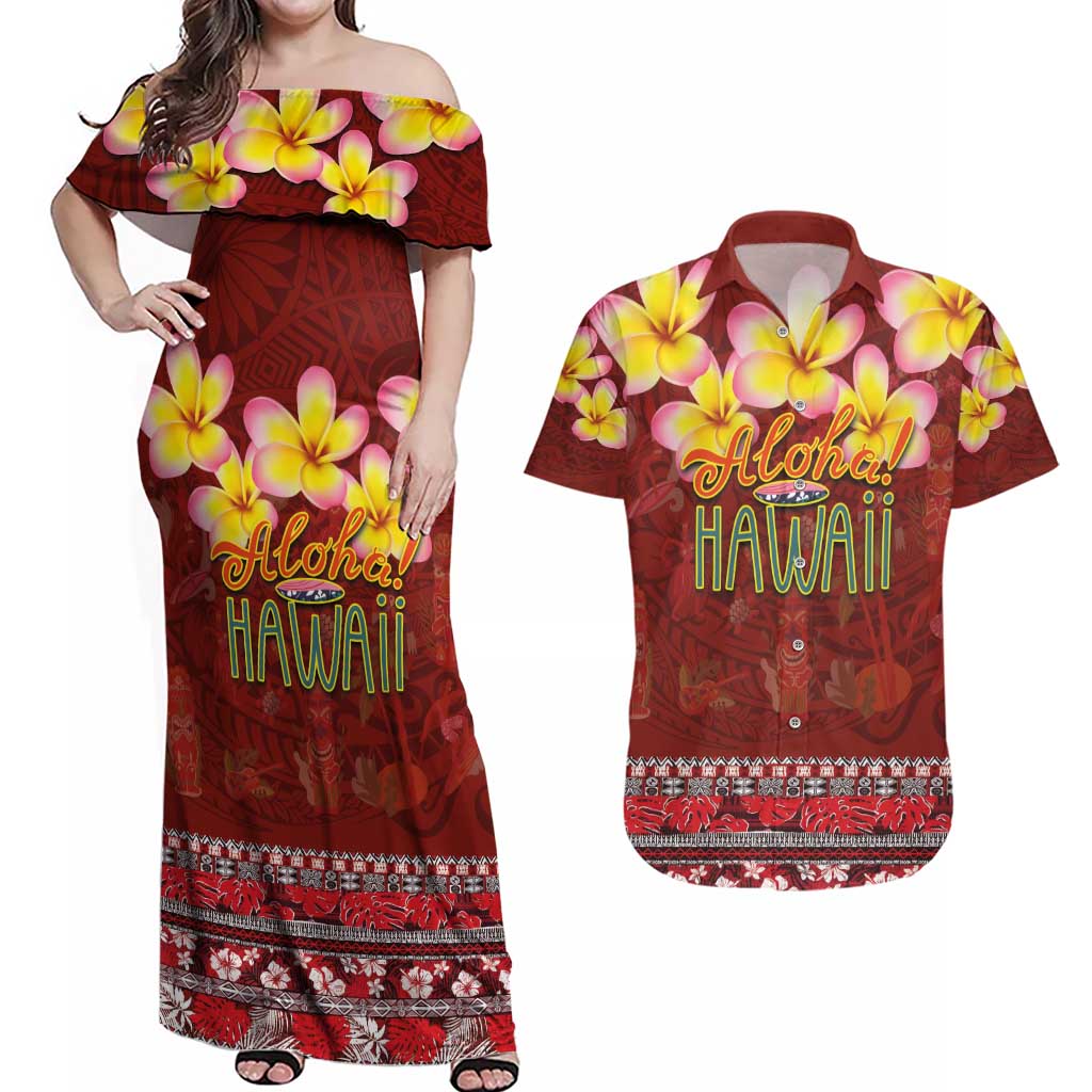 Aloha Plumeria Flowers Couples Matching Off Shoulder Maxi Dress and Hawaiian Shirt With Hawaiian Style Tapa Tribal