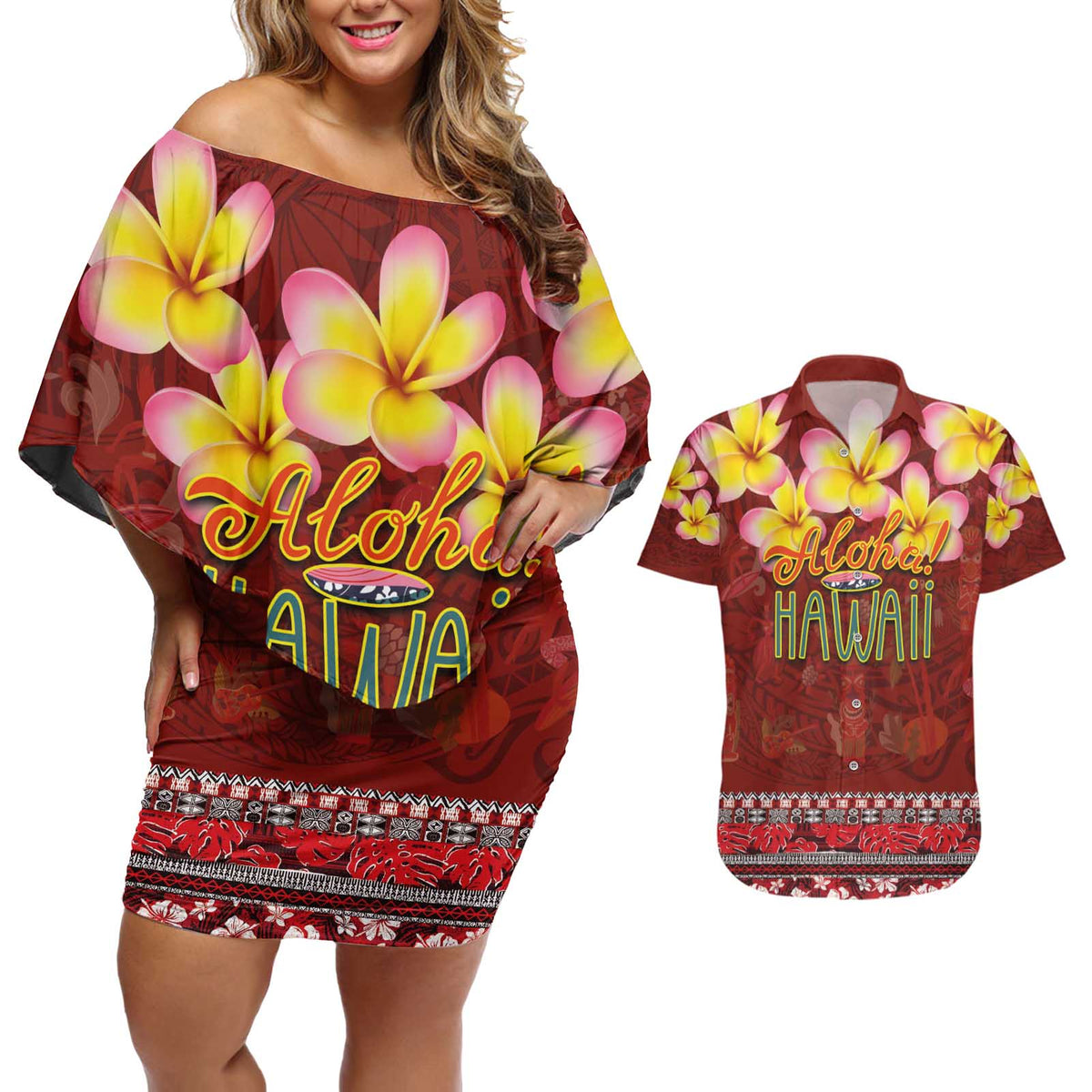 Aloha Plumeria Flowers Couples Matching Off Shoulder Short Dress and Hawaiian Shirt With Hawaiian Style Tapa Tribal