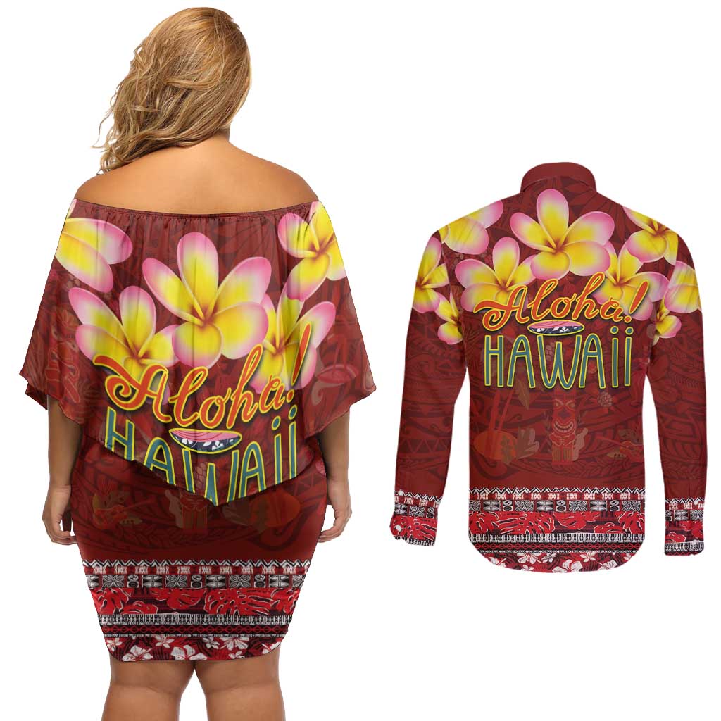 Aloha Plumeria Flowers Couples Matching Off Shoulder Short Dress and Long Sleeve Button Shirt With Hawaiian Style Tapa Tribal