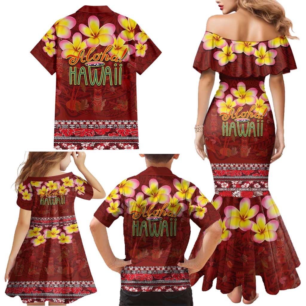 Aloha Plumeria Flowers Family Matching Mermaid Dress and Hawaiian Shirt With Hawaiian Style Tapa Tribal